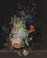石の棚の上のガラスの花瓶にバラ 雪だるま水仙 アイリス その他の花々 ヤン・ファン・ホイサムの古典的な花